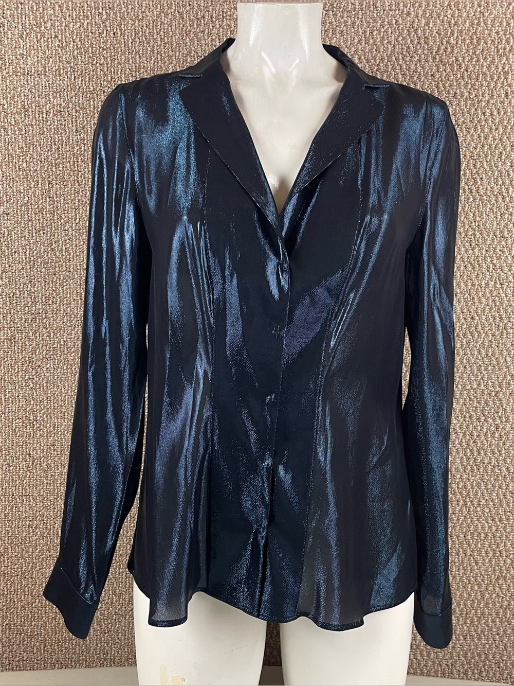 Akris Blouse Women’s 10 Silk Metallic Liquid Shimmer Iridescent Snap Button R2